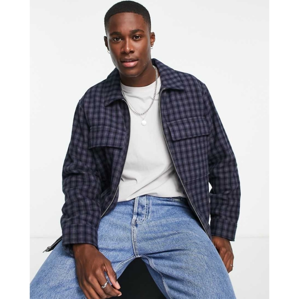Abercrombie & Fitch Zip Front Check Ovwrsized Blue Shirt Jacket